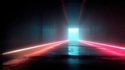 Poster - Long tunnel bathed in glowing pink-blue hues with a bright light at the end evoking curiosity and exploration