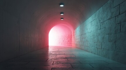 Poster - Glowing pink-blue hues illuminate a tunnel with a bright light at the end symbolizing hope and transition