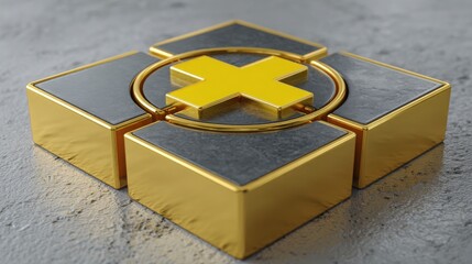 Poster - Striking yellow cross on a black and gold square background creating a bold and eye-catching visual statement