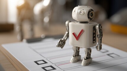 Poster - robot on a table representing automation with a checkmark completing a data field for efficient proc