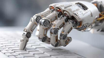 Poster - Robot hand typing on a laptop screen to approve financial data highlighting automation in modern business practices