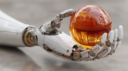 Poster - Robotic interface holding a secure vault orb representing a glass ball symbolizing safety and investment in finance