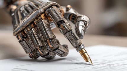 Poster - Robot hand skillfully writing a contract with precision and care in a modern financial setting for documentation purposes