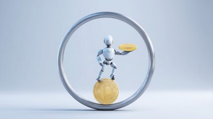 Poster - Robot holding a coin in its grasp displaying a high-tech interaction with currency and financial transactions