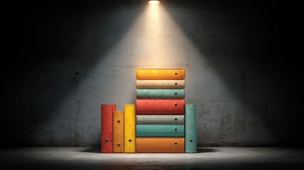 Poster - Stack of books illuminated by a light from above creating a magical atmosphere and highlighting knowledge and learning