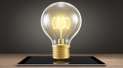 Poster - A bright light bulb illuminating a modern tablet representing innovative startup ideas and creative solutions