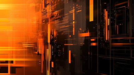 Poster - Futuristic abstract orange and black metallic techscape background featuring flat design elements for modern high-tech visuals, digital illustrations, and contemporary technology-themed concepts