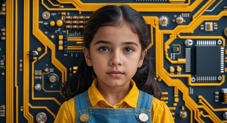 Poster - Hispanic girl on yellow theme high tech circuit background young kid child portrait design template banner with copy space