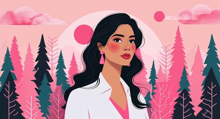 Poster - Hispanic woman on pink theme abstract forest lines background design template banner with copy space