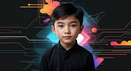 Poster - Caucasian boy on black theme futuristic tech abstract background young kid child portrait design template banner with copy space