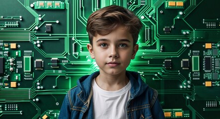 Poster - Caucasian boy on green theme high tech circuit background young kid child portrait design template banner with copy space