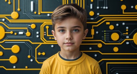Poster - Caucasian boy on yellow theme high tech circuit background young kid child portrait design template banner with copy space