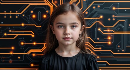 Poster - Caucasian girl on black theme high tech circuit background young kid child portrait design template banner with copy space