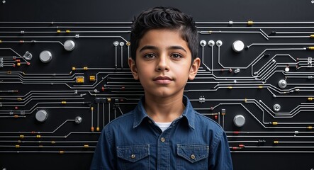 Poster - Hispanic boy on black theme high tech circuit background young kid child portrait design template banner with copy space
