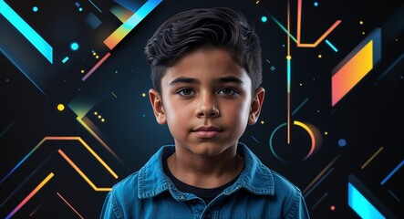 Poster - Hispanic boy on black theme holographic tech shapes background young kid child portrait design template banner with copy space