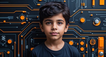 Poster - Hispanic boy on black theme high tech circuit background young kid child portrait design template banner with copy space