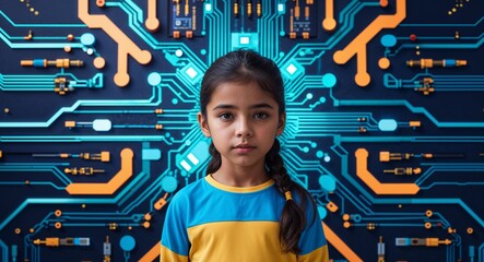 Aufkleber - Hispanic girl on blue theme high tech circuit background young kid child portrait design template banner with copy space