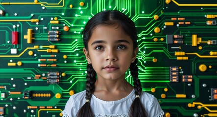 Poster - Hispanic girl on green theme high tech circuit background young kid child portrait design template banner with copy space
