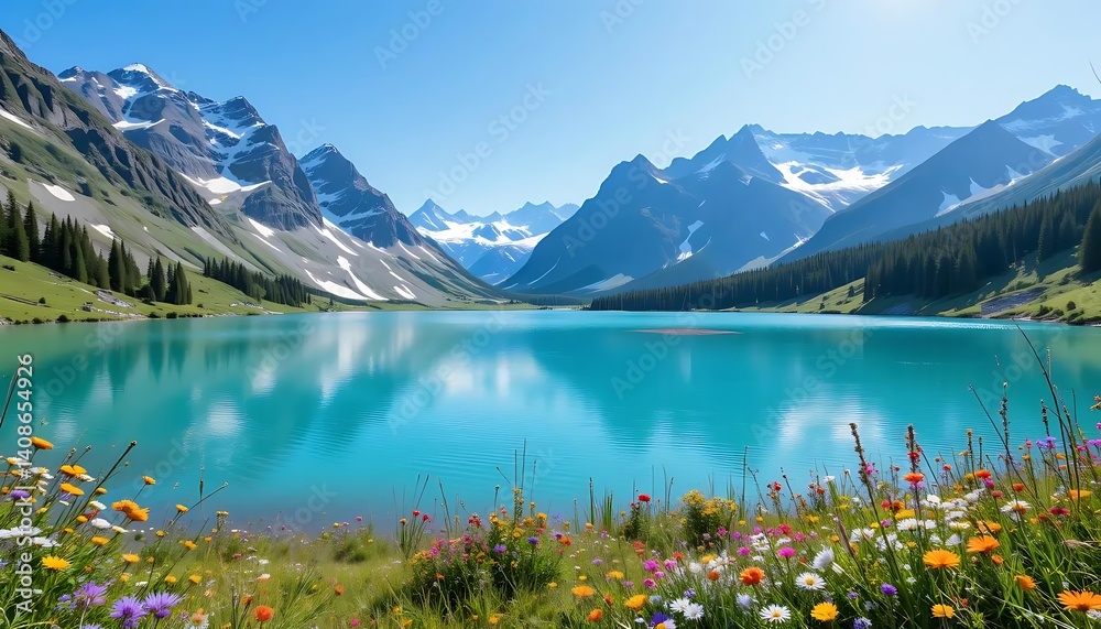 Serene Mountain Lake: Vibrant Wildflowers and Majestic Peaks