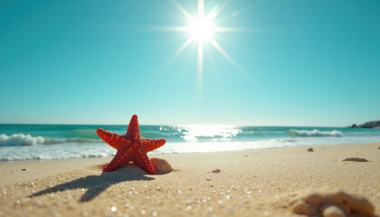 a vibrant red starfish rests on a sandy beach, with sparkling waves and a bright sun shining above.
