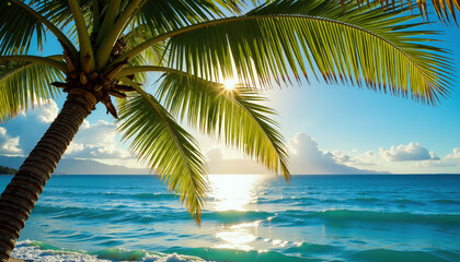 a stunning tropical beach with palm trees framing the sunlit ocean, gentle waves, and a clear blue s
