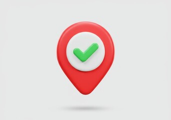 Poster - A red location pin with a white circle and a green check mark on a white background in a rendered style