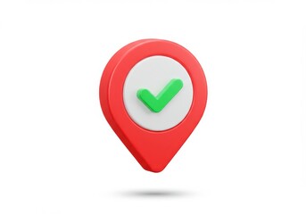 Poster - A red location pin with a green checkmark inside a white circle on a white background with shadow