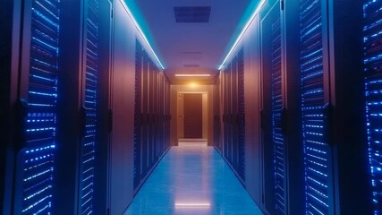 Poster - Illuminated server room with a long corridor perspective with server racks filled with data servers. Data storage facility for information tech.