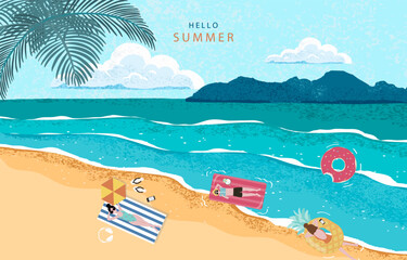 Wall Mural - summer landscape grain texture background with beach and people activities for horizontal design
