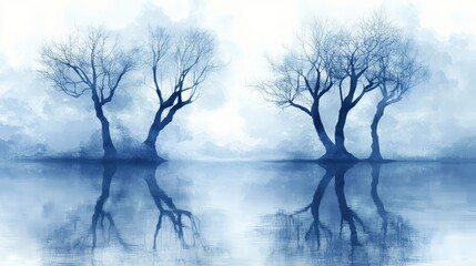 Poster - Abstract reflections of trees on a lake, subtle and artistic nature background with copy space