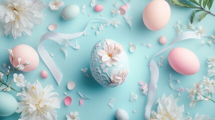Poster - An Easter greeting card surrounded by pastel-colored eggs, delicate flowers, and soft ribbons, with plenty of open space on the card for creative holiday text or personalized messages