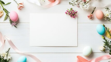 Poster - An Easter greeting card placed on a white wooden surface with colorful eggs, floral accents, and pastel ribbons surrounding it, offering plenty of space for custom Easter messages