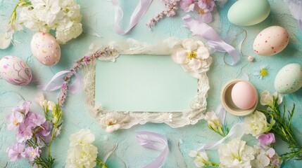 Poster - An Easter greeting card surrounded by pastel-colored eggs, delicate flowers, and soft ribbons, with plenty of open space on the card for creative holiday text or personalized messages
