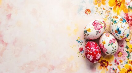 Poster - An elegant Easter greeting card with a springtime floral pattern and colorful eggs, placed on a clean surface, leaving plenty of space for personalized Easter messages
