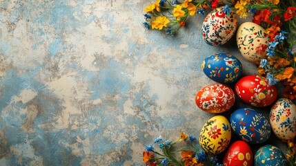 Poster - An elegant Easter greeting card with a springtime floral pattern and colorful eggs, placed on a clean surface, leaving plenty of space for personalized Easter messages