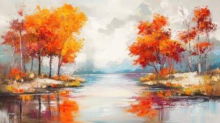 Poster - Autumn landscape with colorful orange and red foliage trees beside a calm river, reflections on the water, seasonal natural beauty