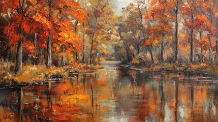 Poster - Autumn landscape with colorful orange and red foliage trees beside a calm river, reflections on the water, seasonal natural beauty