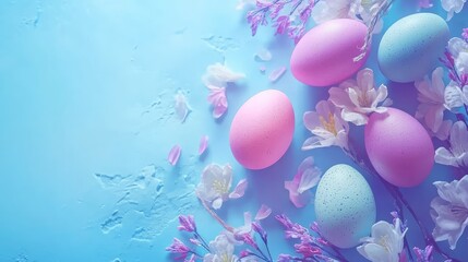 Poster - A beautifully crafted Easter greeting card surrounded by soft spring flowers and pastel-colored eggs, placed on a clean background with space for custom messages