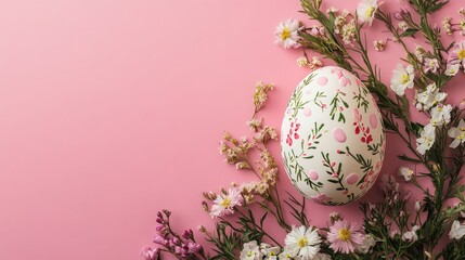 Poster - A beautifully decorated Easter egg nestled among fresh flowers and soft greenery, with plenty of space around it for holiday-themed text or messages