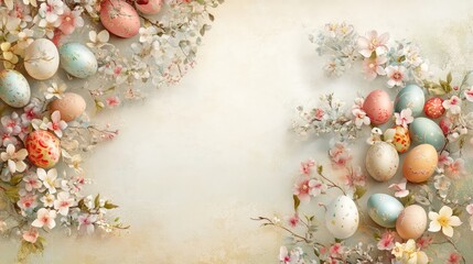 Poster - A beautifully crafted Easter greeting card with floral designs and colorful eggs, arranged on a soft, neutral background with ample room for customized text or holiday copy
