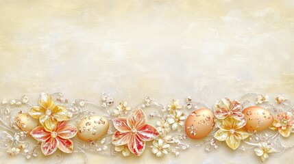 Poster - A beautiful Easter greeting card with a border of soft spring flowers and delicate eggs placed on a light pastel background, with space around it for festive text or custom greetings