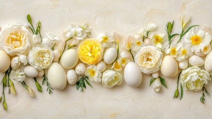 Poster - A beautiful Easter greeting card with a border of soft spring flowers and delicate eggs placed on a light pastel background, with space around it for festive text or custom greetings