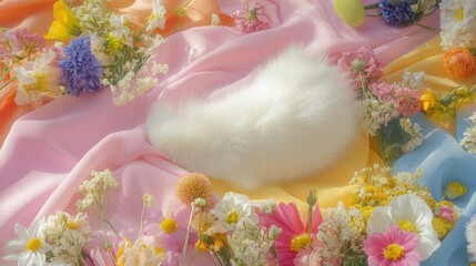 Poster - A close-up of a soft bunny tail resting on pastel-colored fabric, surrounded by vibrant spring flowers, with room for Easter-themed text or graphics