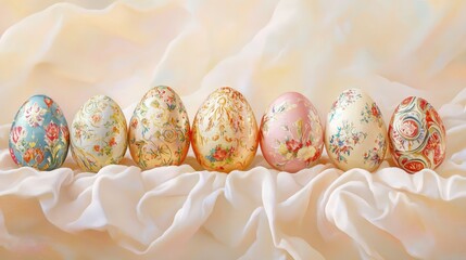 Poster - A collection of beautifully painted Easter eggs arranged on a light pastel-colored fabric, with plenty of empty space for text or graphic designs