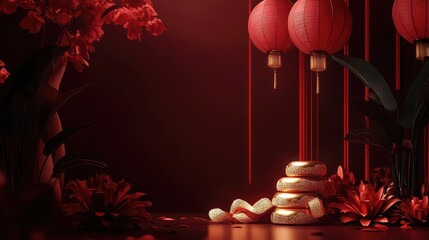 Poster - A dark background with Chinese New Year decorations such as red lanterns and gold ingots, with empty space for a festive greeting or artwork