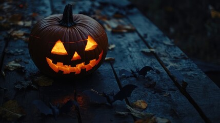 Poster - A dark wooden table with a single carved pumpkin glowing softly and small black bats nearby, leaving plenty of space for Halloween-themed text