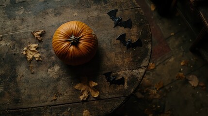 Poster - A dark wooden table with a single carved pumpkin glowing softly and small black bats nearby, leaving plenty of space for Halloween-themed text