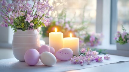 Poster - A decorative arrangement of Easter eggs, candles, and flowers placed on a white surface, leaving open space around the arrangement for holiday text or creative copy