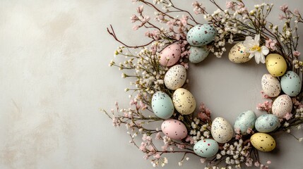 Poster - A decorative Easter wreath made of colorful eggs and soft flowers placed on a neutral background, with ample space in the foreground for personalized text or holiday greetings