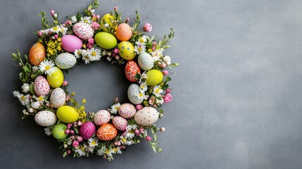 Poster - A decorative Easter wreath made of colorful eggs and soft flowers placed on a neutral background, with ample space in the foreground for personalized text or holiday greetings
